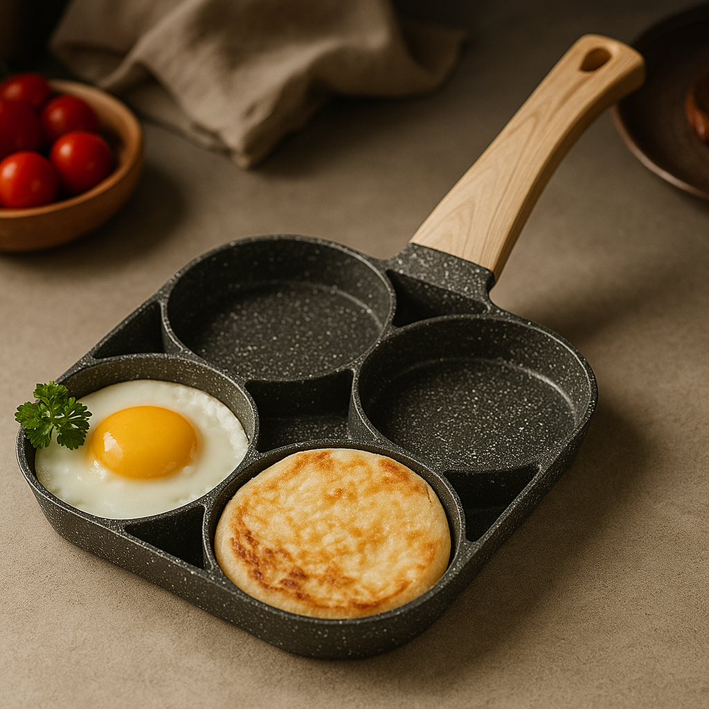Sartén Antiadherente de 4 Compartimentos – Cocina Fácil, Rápida y Saludable | Ideal para Huevos, Pancakes y Desayunos Perfectos